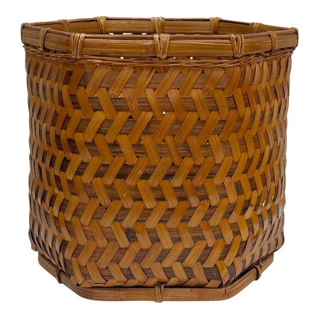 Vintage Hand Woven Split Reed Basket For Sale
