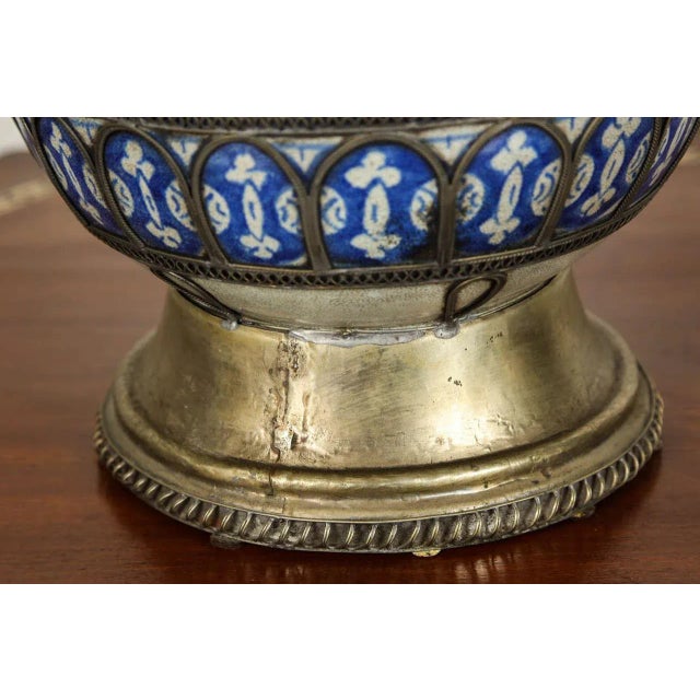 Antique Moroccan Footed Vase, Blue & White Ceramic With Filigree For Sale - Image 4 of 9