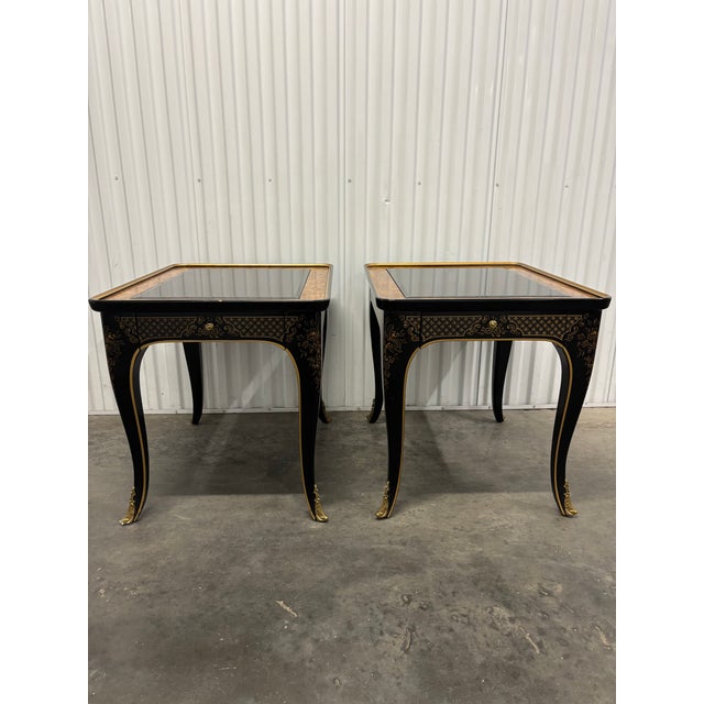 Outstanding vintage Drexel Heritage ET Cetera collection chinoiserie black painted end ir side tables featuring black...