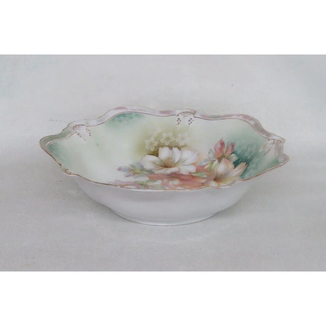 Rs Germany Porcelain Large Floral Pink Lily Flowers Green Bowl For Sale - Image 4 of 11