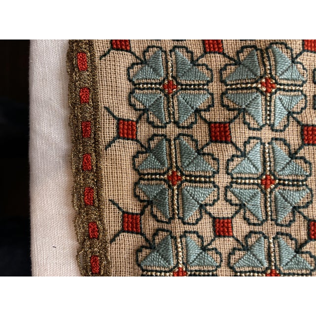 Vintage hand-embroidered textile runner or mat. Features an intricate, all-over geometric pattern with a decorative...