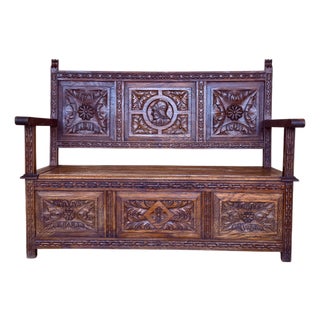 19th Spanish Carved Large Hall Bench with Storage For Sale