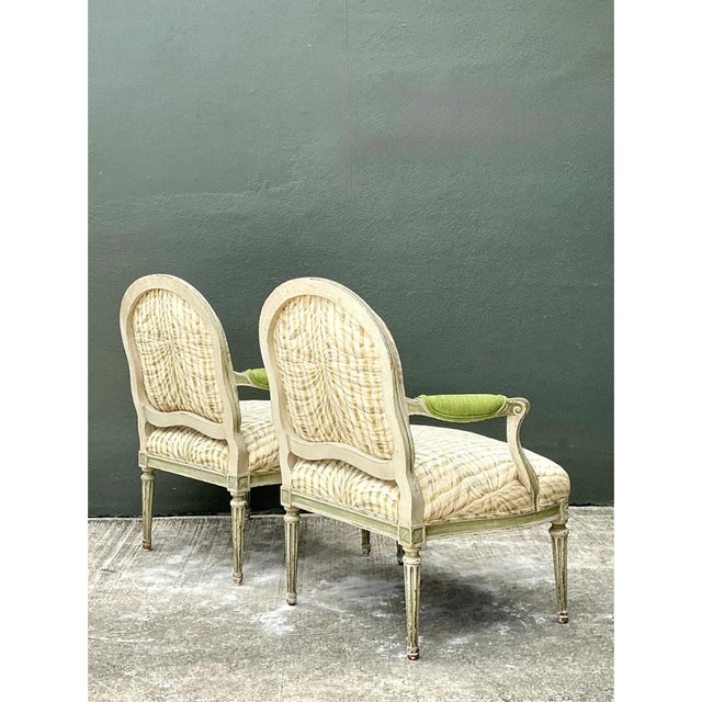 Vintage Louis XVI Style Printed Swag Armchairs - Pair For Sale - Image 10 of 12