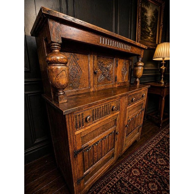 Antique Arts & Crafts Carved Quarter-Sawn Oak Sideboard Dresser For Sale - Image 3 of 12