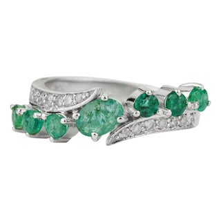 Hallmarked 925 Silver Natural 1.26 Ct Emerald & Diamond Wave Ring Size 5 For Sale