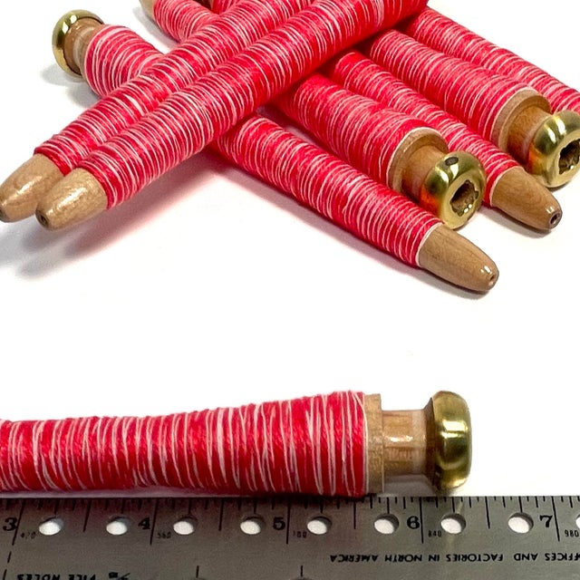 Red Late 19th Century Brass-Tipped Wooden Quill Bobbins Factory Used Textile Mill Reclaimed Spools, Circa 1880's–1930's- Set of 8 For Sale - Image 8 of 9