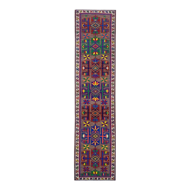 1960s Purple Colorful Geometric Design Handwoven Wool Vintage Turkish Runner 3' X 12'6" For Sale