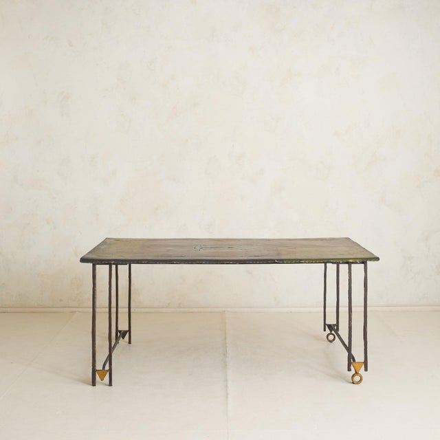 Brutalist 1990s French Brutalist WroughtIron Gold Leaf Dining Table by Jean-Jacques Argueyrolles For Sale - Image 3 of 11