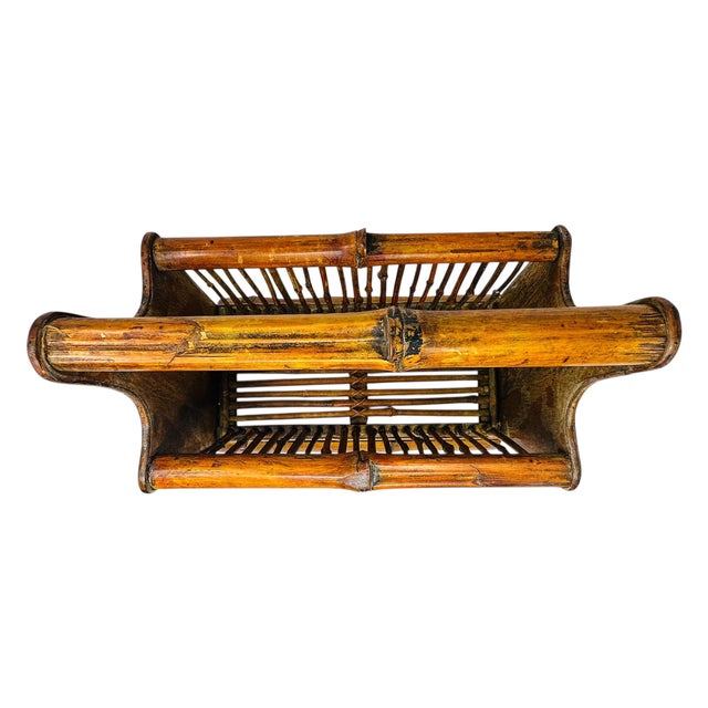 Vintage 80s Bamboo & Rattan Magazine Rack | Mid-Century Boho Decor | Record Holder | Natural Wood Storage Basket For Sale - Image 12 of 13