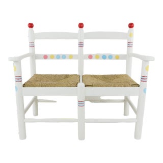 A Lovely Double Hand-Painted Children's Chair With Hand-Woven Reed Seat Cushions For Sale