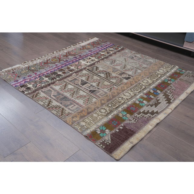 Beige 1970 Vintage Turkish Patchwork Rug - Handwoven Tribal Anatolian Carpet For Sale - Image 8 of 9