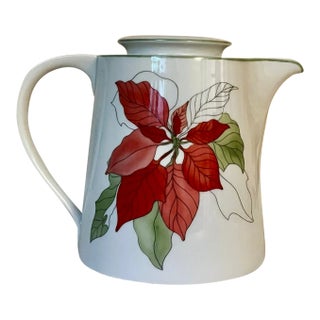 1980s Block Spal Poinsettia Teapot & Lid - Watercolors, Red Poinsettia by Goertzen, Green Trim For Sale