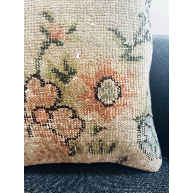 Textile Vintage Turkish Rug Pillow Cover, Handwoven Wool Isparta Floral Cushion, Romantic Peach Sage Dusty Blue Boho Pillow, 16x16 In For Sale - Image 7 of 12