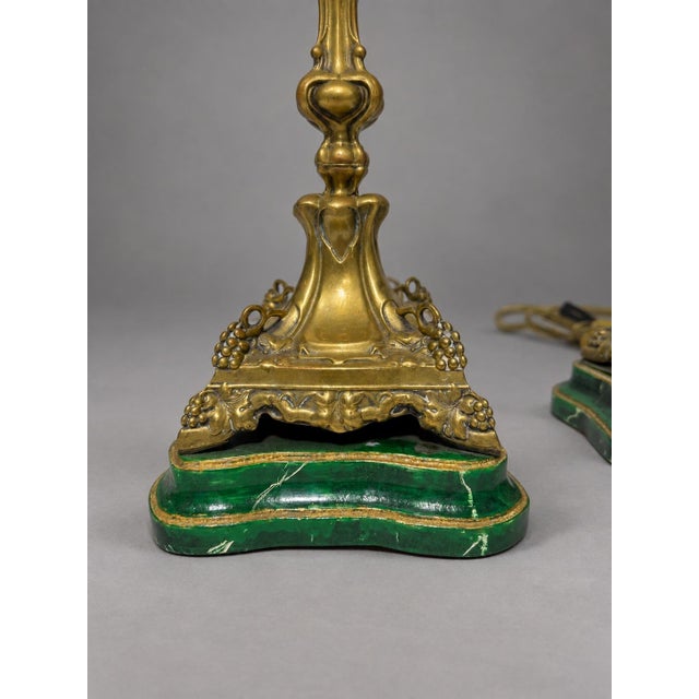 Pair of Antique Continental Gilt-Metal Grape-Vine & Faux Malachite Table Lamps For Sale - Image 4 of 10