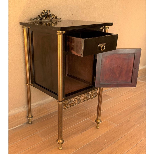 Wood French Ebonized Mahogany Nightstands With Fluted Bronze Columns - a Pair For Sale - Image 7 of 13