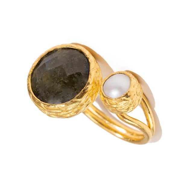 Gold Mystic Duo Labradorite & Pearl Gold Adjustable Ring, Size 4 For Sale - Image 8 of 9
