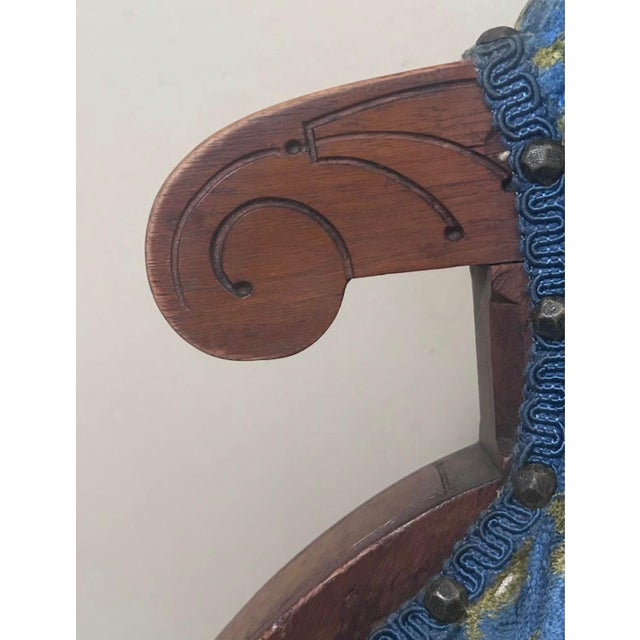 Antique Victorian Eastlake Walnut Armchair With Porcelain Casters & Blue Floral Upholstery For Sale In Los Angeles - Image 6 of 10