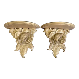 Syroco Wood Floral Gilt Wall Sconce Shelves - a Pair