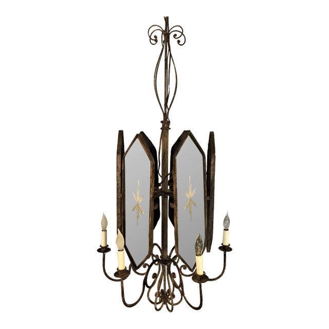 Italian Wrought Iron Mirror 6-Light Chandelier For Sale