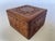 1970's Indian hand carved teak square jewellery box with brass inlaid flower at top center surrounded by floral design all...