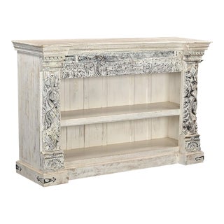 Rustic Carvings Repurposed Solid Wood Display Case in Distressed White Finish For Sale