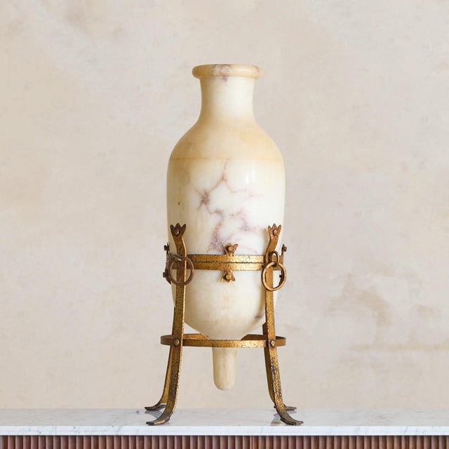 Neoclassical Vintage French Alabaster Vase + Gilt Metal Stand For Sale - Image 3 of 9