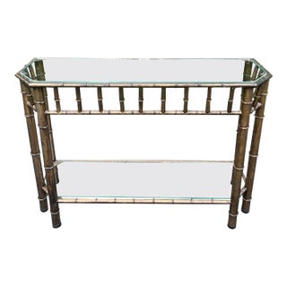 Faux Bamboo Bronze Metal and Glass Sofa Table For Sale