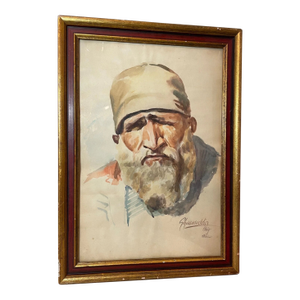 1960s Rare Ustad Ghaussuddin Afganistan Blind Man Watercolor Portrait Painting