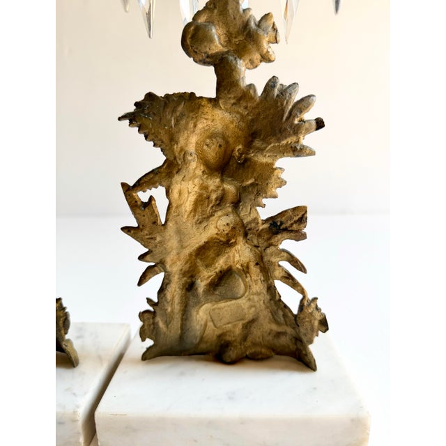 Pair of Antique Brass Victorian Girandole Candlesticks With Marble Base & Prisms For Sale - Image 9 of 12