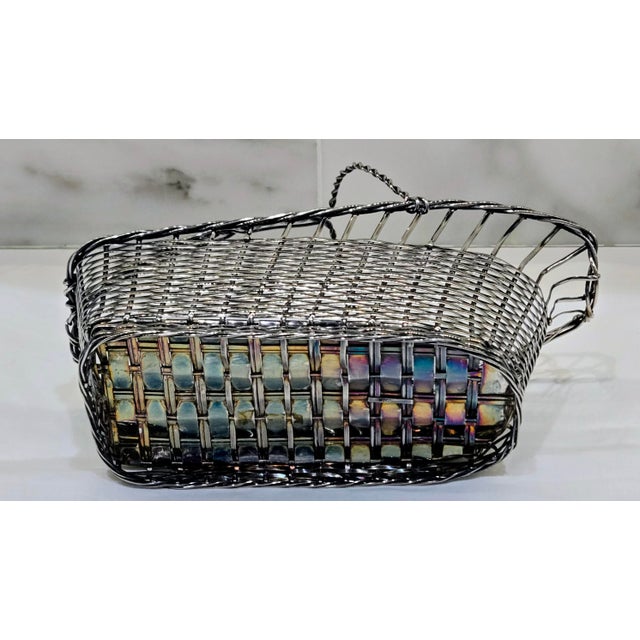 Silver Vintage Handmade Silverplate Wire Wine Basket With Linen Bottle Wrap, French Country Barware For Sale - Image 8 of 10
