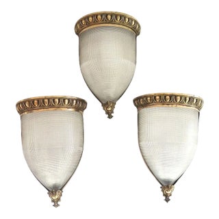 Late 19th Century Copper Wall Sconces with Ribbed Glass Shades Egg and Dart Border - Set of 3 For Sale