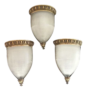 Late 19th Century Copper Wall Sconces with Ribbed Glass Shades Egg and Dart Border - Set of 3