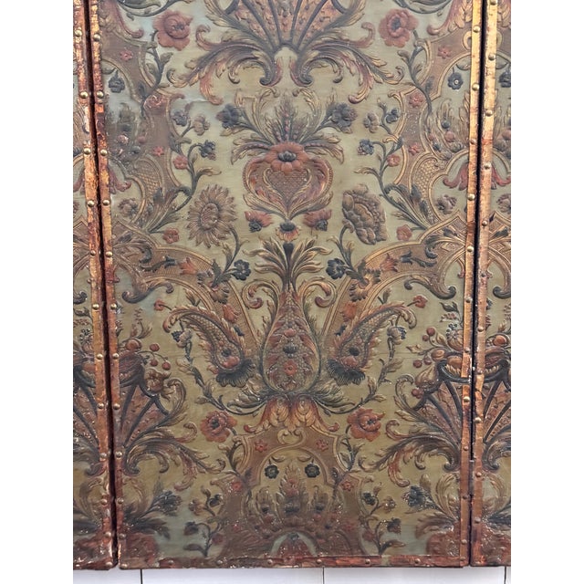 Green 19th Century Embossed Leather Four-Panel Screen For Sale - Image 8 of 10