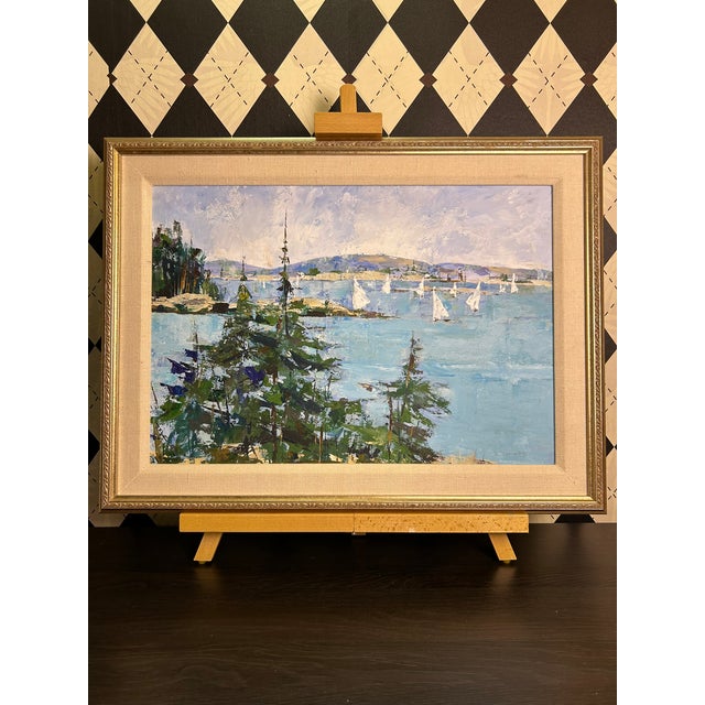 Impressionist Coastal Harbor Oil Painting With Sailboats, Framed 24" Signed Eileen Kelly For Sale - Image 11 of 15