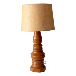 Mid 20th Century Mid Century Turned Mixed Wood Table Lamp With Woven Shade For Sale