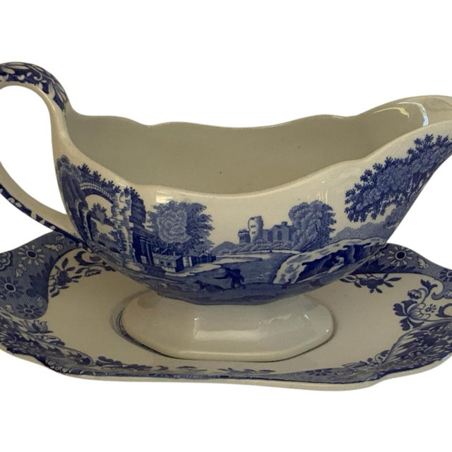 Vintage Authentic Spode Blue Italian Gray Boat &amp; Under Plate Made in England c.2000-2009. Gravy Boat Approx. 4 1/2"...