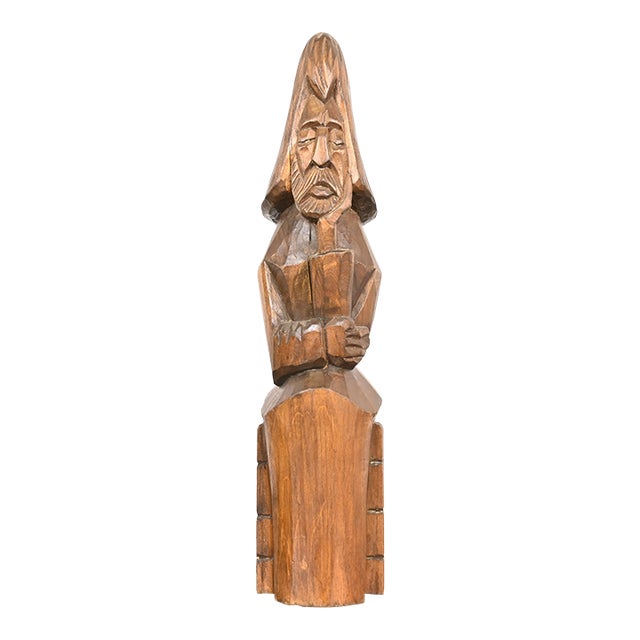 Vintage Folk Art Hand-Carved Wooden Sculpture of a Thinking Man For Sale