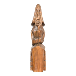 Vintage Folk Art Hand-Carved Wooden Sculpture of a Thinking Man