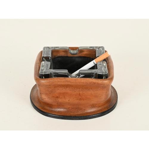 1950s Curved Leather and Crystal Ashtray by Jacques Adnet, Italy, 1950s For Sale - Image 5 of 12