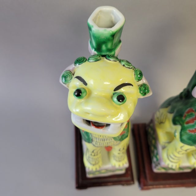 Yellow Rare Pair of Famille Jaune Joss-Stick Holder Foo Dogs, c.1850–1870 For Sale - Image 8 of 12