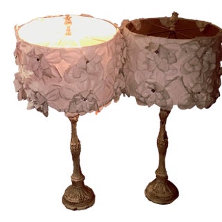 Set of 2 Contemporary Shabby Chic Candlestick Table Lamps With Textured Fabric Flower Shades Cottage Couture For Sale