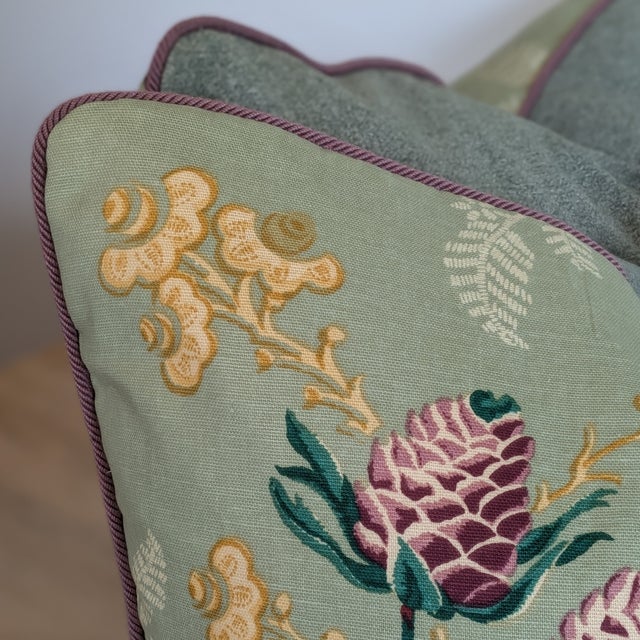 Brunschwig & Fils Brunschwig & Fils Fabriano Pillows in Jade With Lavender Braided Cord For Sale - Image 4 of 5