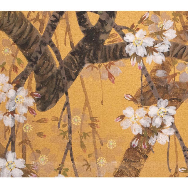 1960s Showa Era Japanese Painted Panel "Sakura" on Gold Silk Background For Sale - Image 12 of 18