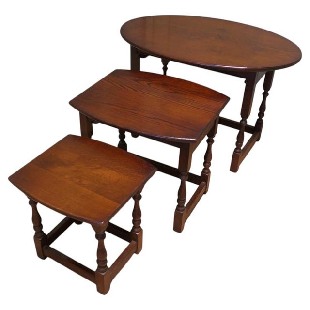 Brown Oval Nesting Tables in Oak, 1930, Set of 3 For Sale - Image 8 of 8