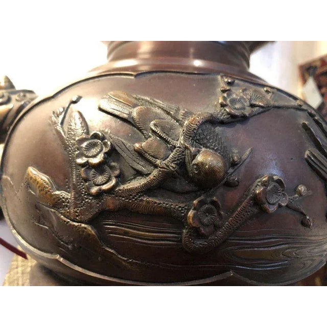 Metal Meiji Period Bronze Twin Handled Urn With Decoration For Sale - Image 7 of 13