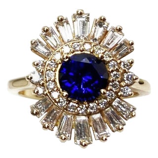 Art Deco Style Blue Round Sapphire Baguette Diamond Halo 18k Rose Gold Ring, Size 7 For Sale