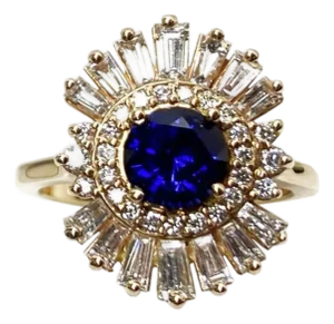 Art Deco Style Blue Round Sapphire Baguette Diamond Halo 18k Rose Gold Ring, Size 7