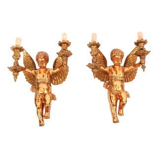 Antique Italian Two Branch Cherub Ormolu Wall Lights, 1800s, Set of 2 For Sale