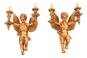 Antique Italian Two Branch Cherub Ormolu Wall Lights, 1800s, Set of 2