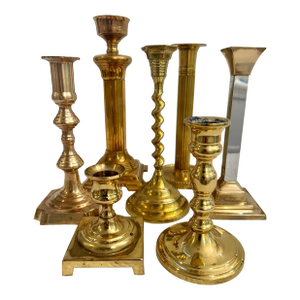 Vintage Collected Set of 7 Different Solid Brass Candle Stick Holders